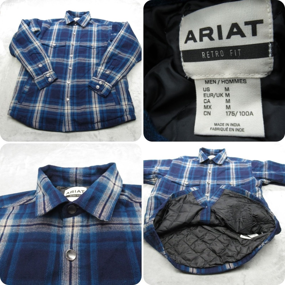 Ariat Shirt Jacket Men Medium Blue Plaid Flannel Retro Fit Insulated Quilt Lined